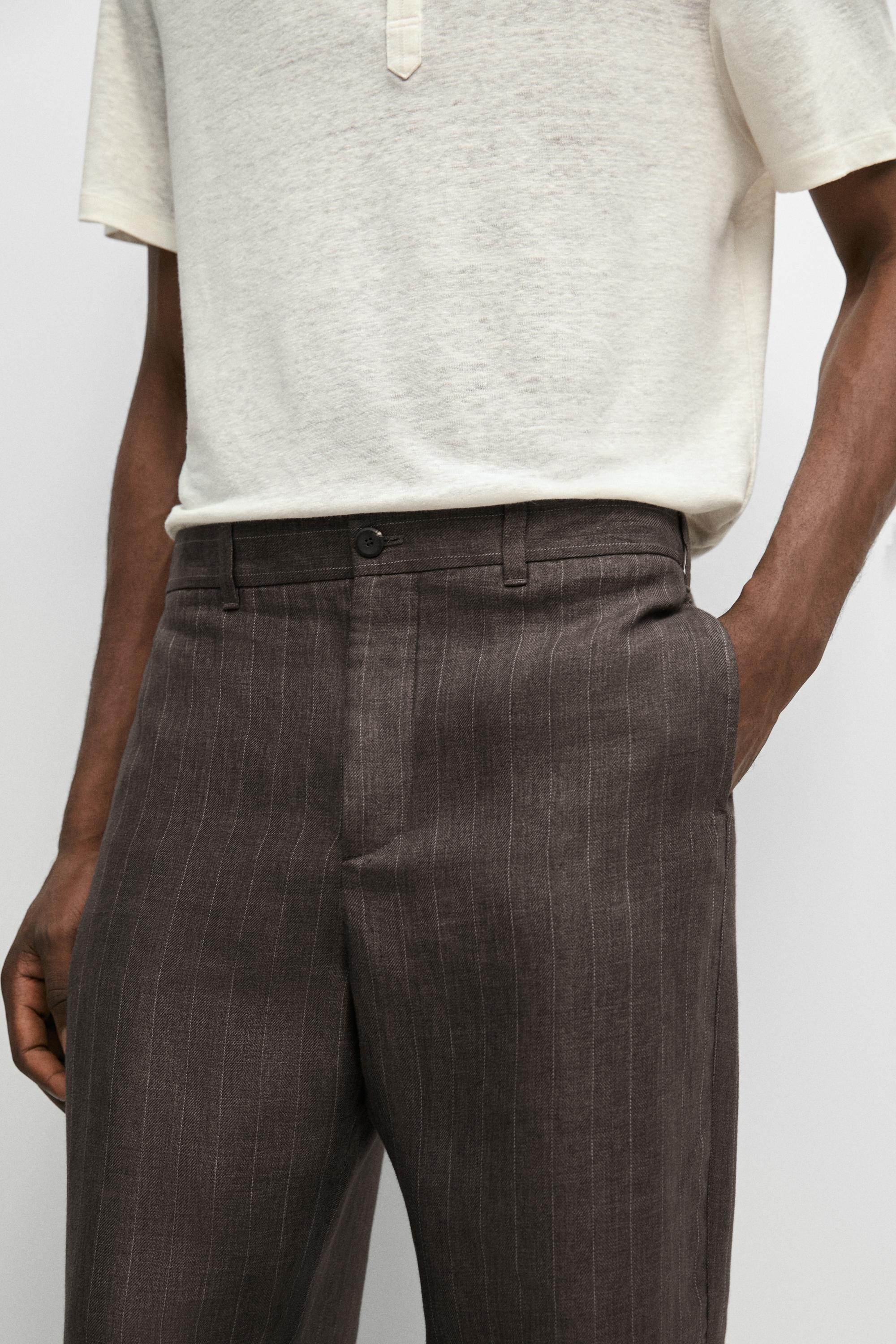 100% linen striped straight-leg pants
